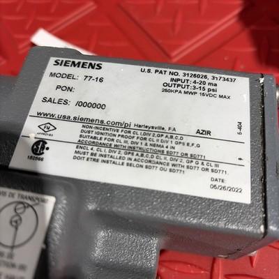 Siemens Industry 77-16 Transducer Module INPUT: 4-20 mA OUTPUT: 3-15 psig NOS