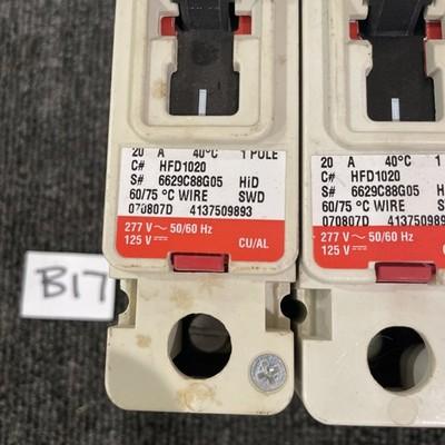 (4) Eaton HFD1020 Circuit Breaker 20 Amp, 1 Pole, 277V,