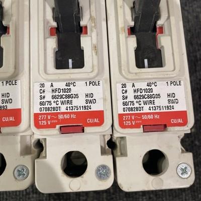 (4) Eaton HFD1020 Circuit Breaker 20 Amp, 1 Pole, 277V,