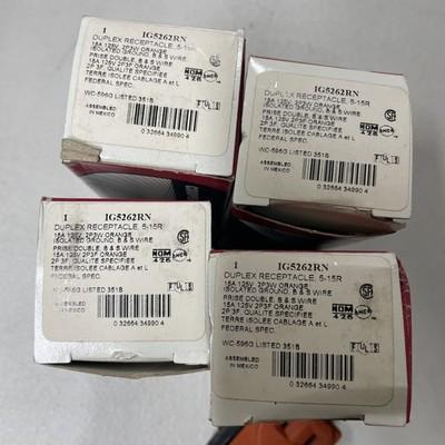 (4) COOPER IG5262RN NEW ORANGE 15A 125V DUPLEX RECEPTACLES IG5262RN