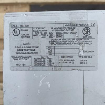 ABB TMAX T6N800 MCCB (breaker) 800A, 36 kA at 400/415V AC, 4 POLE T6N 800