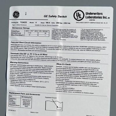 GE TG4323 Model 8 100a Safety Switch