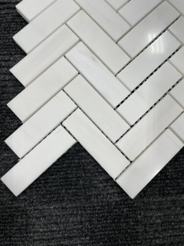 Bianco Dolomite 1”x3” Herringbone POLISHED Marble Tile Mosaic Premium A