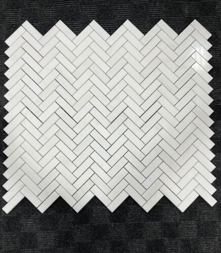 Bianco Dolomite 1”x3” Herringbone POLISHED Marble Tile Mosaic Premium A