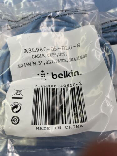 90 Total !! BELKIN A3L980-5- BLU-S 5 Ft  CAT6 Snagless Patch Cable Blue A