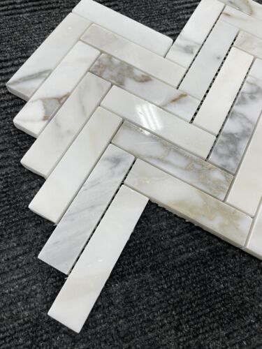 Italian Calcatta 1”x4” Herringbone POLISHED Marble Tile Mosaic