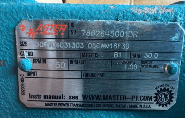 Master Gear Reducer, Size: 30ET04031303056WM16F30, 30/1 Ratio