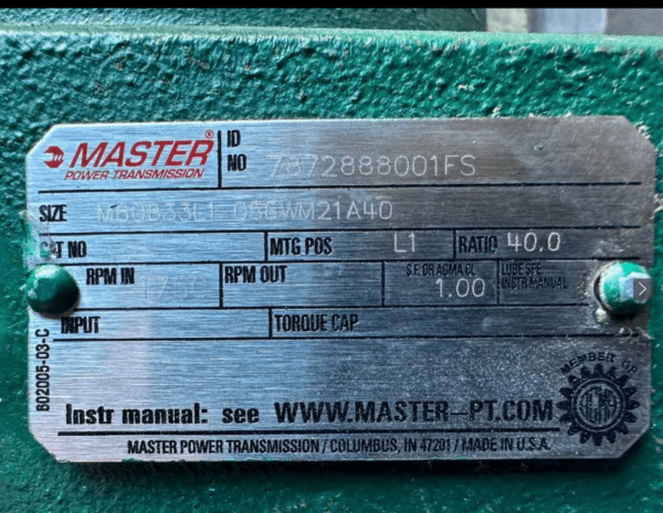 Master Gear Reducer, Size: M60833L1056WM21A40, 40/1 Ratio (FW)