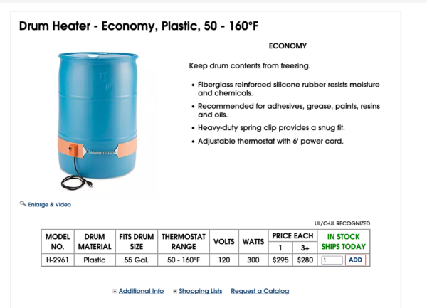 ULINE H-2961 Drum Heater – Economy, Plastic, 50 – 160°F Fiberglass reinforced