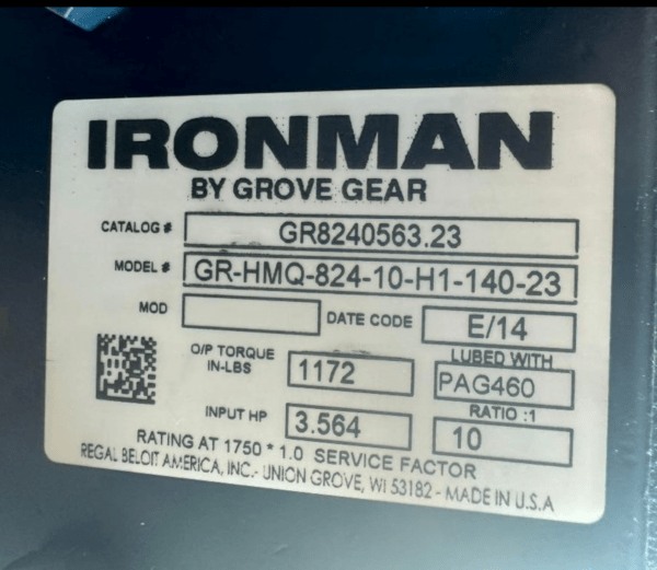 Grove Gear Ironman Reducer, Model GR-HMQ-824-10-H1-140-23, 10/1 Ratio