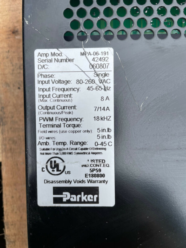 Parker MPA-06-191 Brushless Custom Servo Amplifier 1Ph 260V 8A 45-65Hz USED