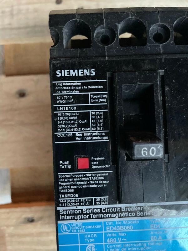 SIEMENS ED43B060 60A 3 POLE CIRCUIT BREAKER USED