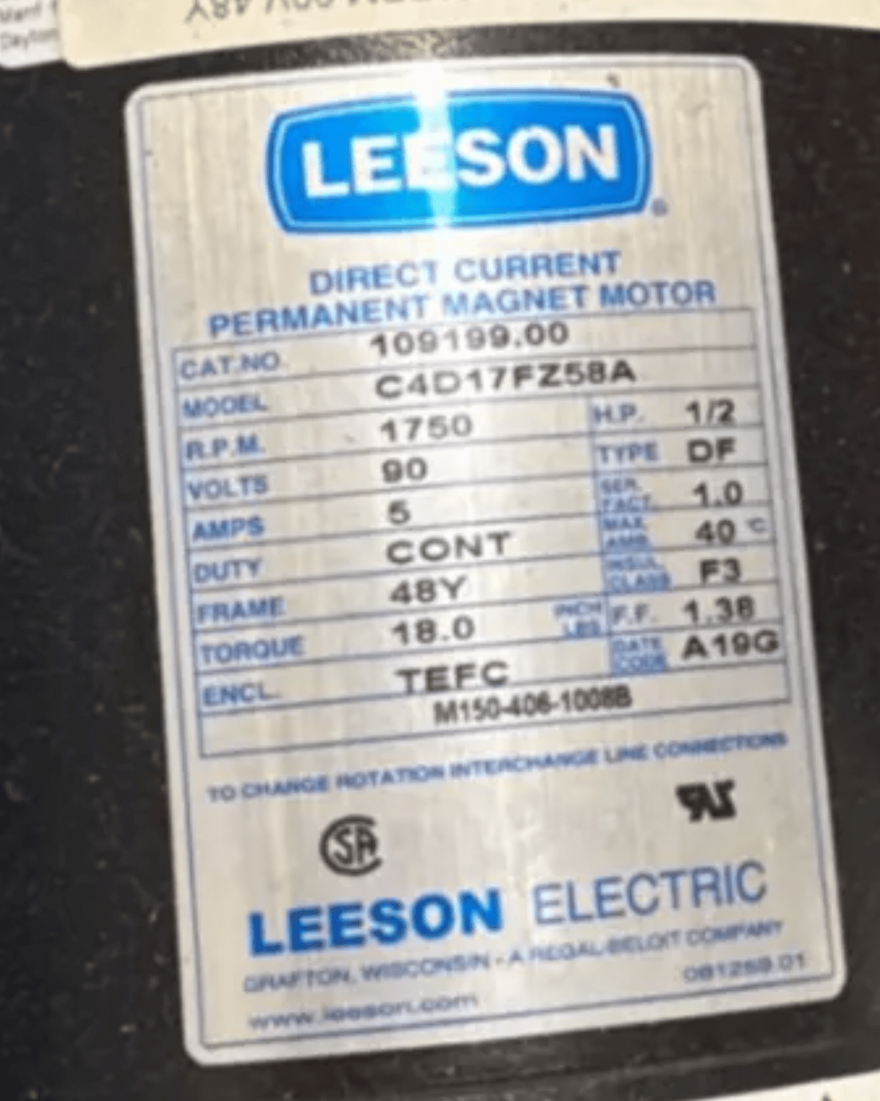 Leeson C4D17FZ58A 109199.00 DC PERMANENT MAGNET MOTOR NOS