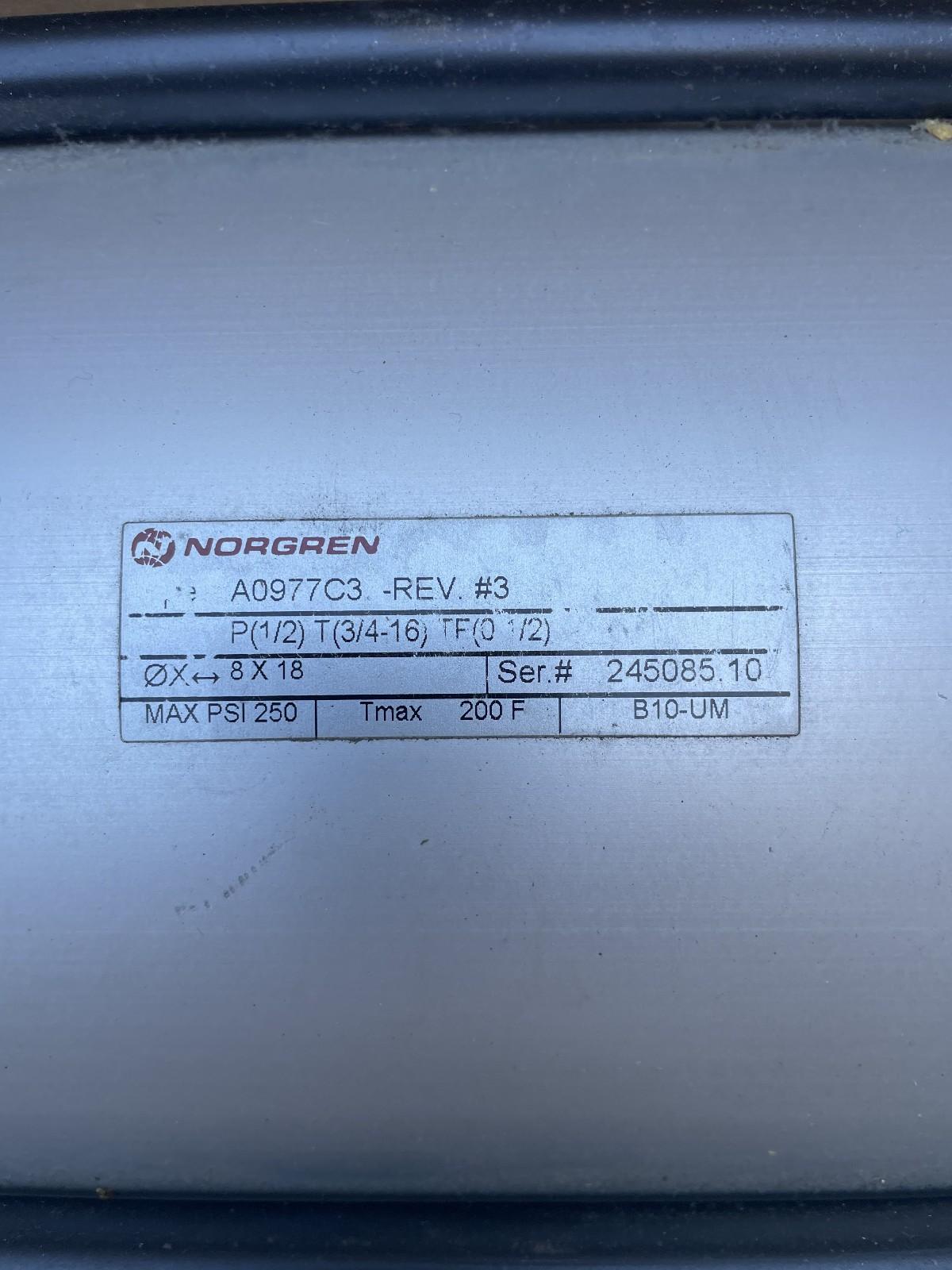 Norgren A0977C3 pneumatic air cylinder, 250 Max PSI, 8″ x 18″ Rev #3