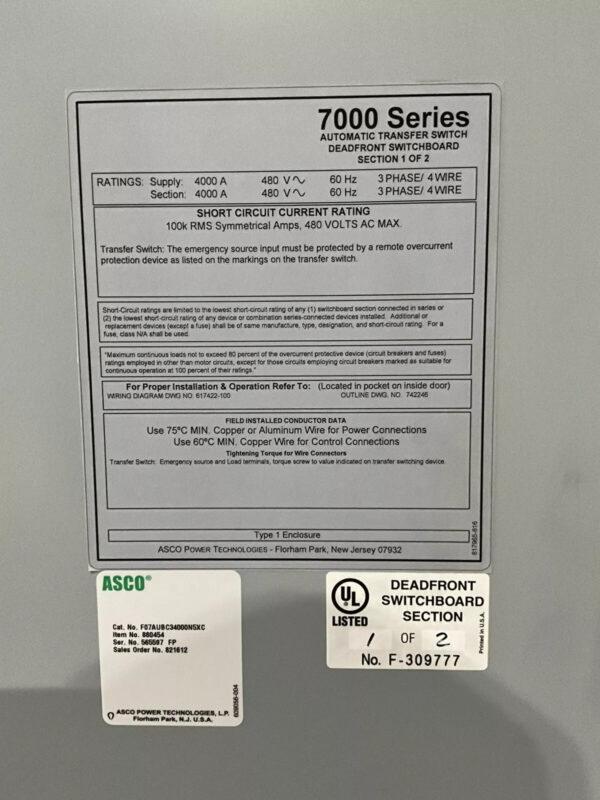 ASCO 7000 Series Automatic Transfer Switch 4000 Amp 480Y/277V 60HZ 3P 4W 🟦