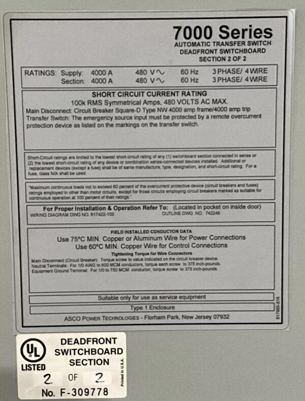 ASCO 7000 Series Automatic Transfer Switch 4000 Amp 480Y/277V 60HZ 3P 4W 🟦