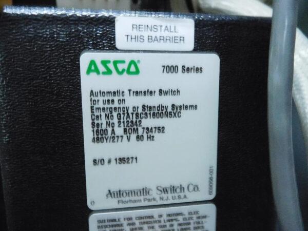ASCO 7000 SER AUTOMATIC TRANSFER SWITCH G7ATSC31600N5XC 1600A 480Y/277V 3P 3PH B