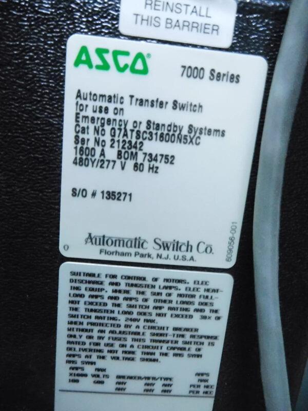 ASCO 7000 SER AUTOMATIC TRANSFER SWITCH G7ATSC31600N5XC 1600A 480Y/277V 3P 3PH B