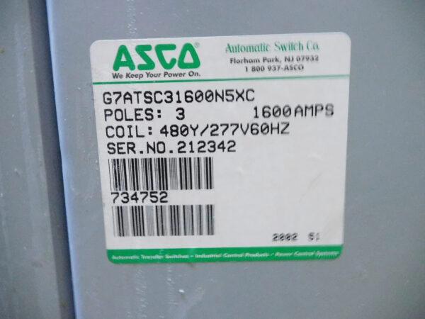 ASCO 7000 SER AUTOMATIC TRANSFER SWITCH G7ATSC31600N5XC 1600A 480Y/277V 3P 3PH B