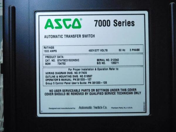 ASCO 7000 SER AUTOMATIC TRANSFER SWITCH G7ATSC31600N5XC 1600A 480Y/277V 3P 3PH B