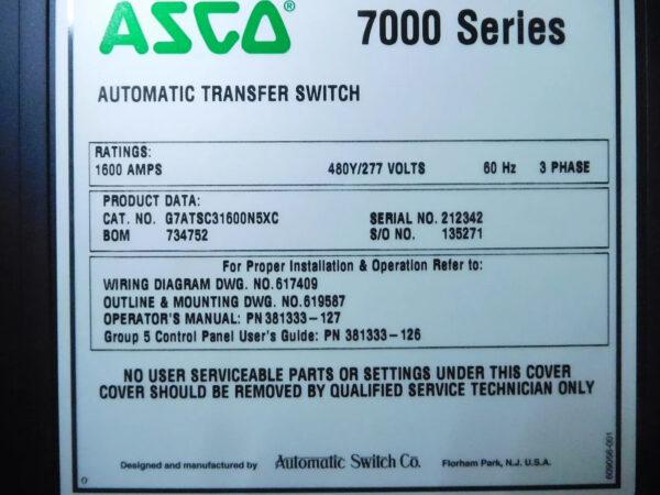 ASCO 7000 SER AUTOMATIC TRANSFER SWITCH G7ATSC31600N5XC 1600A 480Y/277V 3P 3PH B