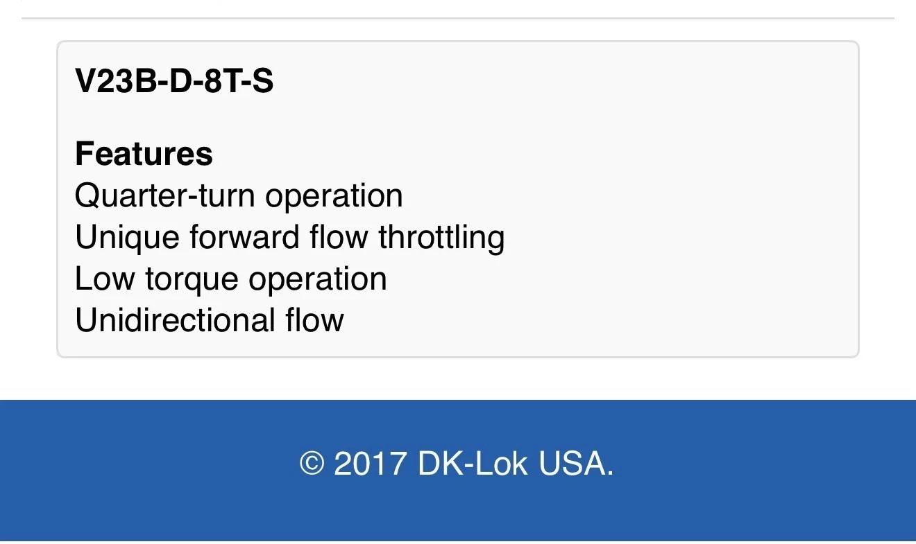 DK-Lok V23B-D-8T-S 1/2″ Instrument Plug Valve 316 SS SWAGELOK Equivalent
