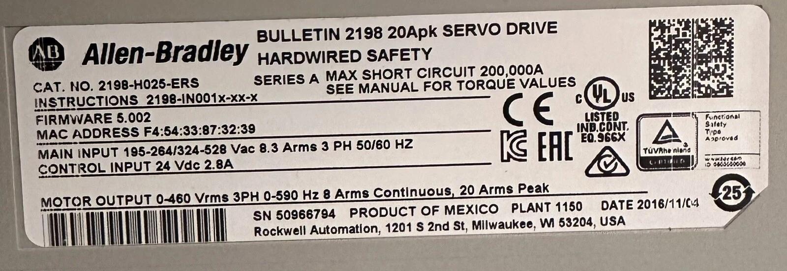 Allen Bradley 2198-H025-ERS 5500 Kinetix 5000 Servo drive