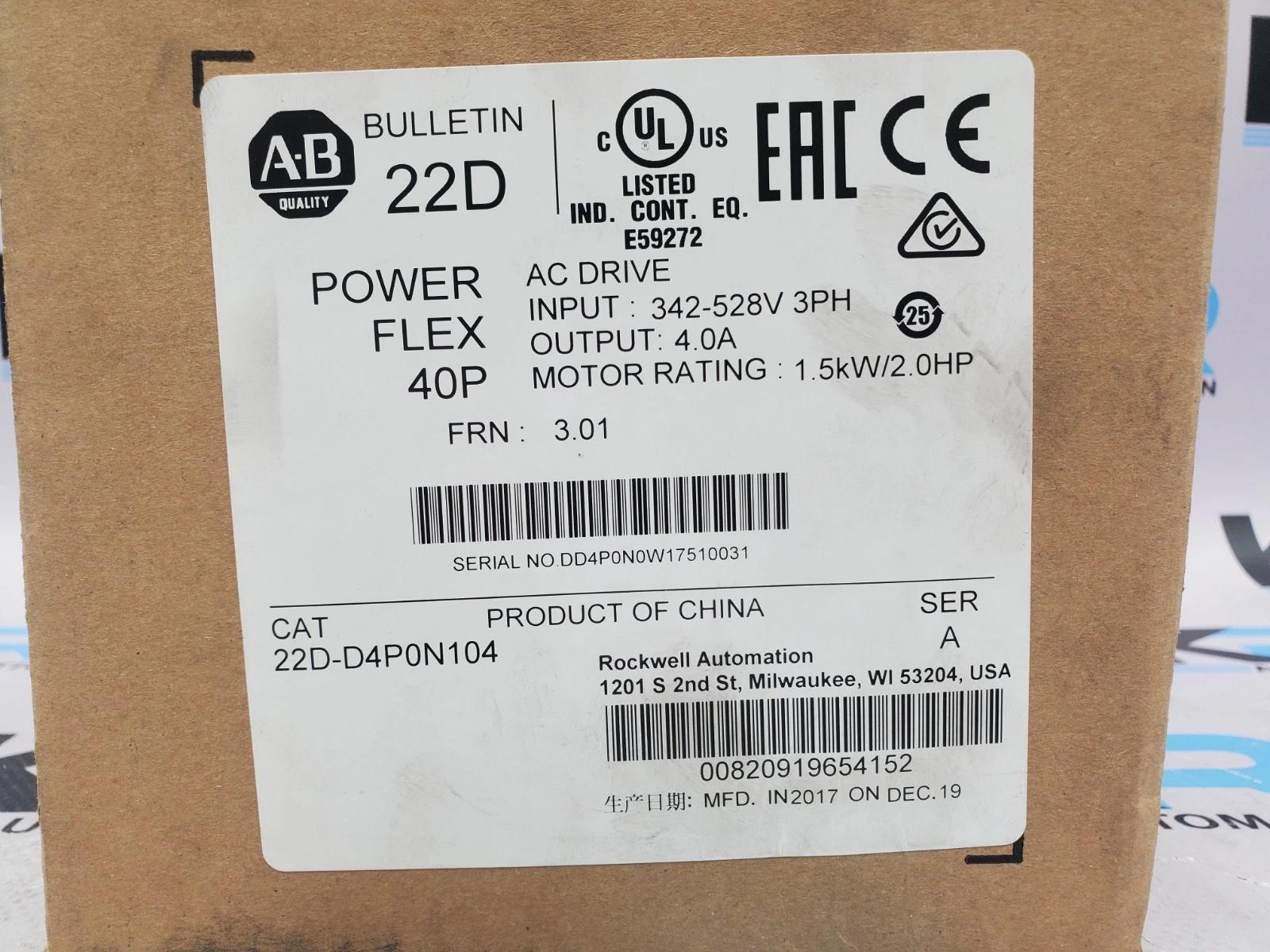 Allen Bradley 22D-D4P0N104 Bulletin 22D PowerFlex 40P 480V 3PH 4A 2HP 63Hz