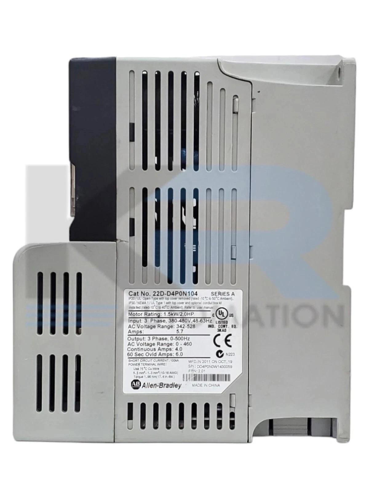 Allen Bradley 22D-D4P0N104 Bulletin 22D PowerFlex 40P 480V 3PH 4A 2HP 63Hz