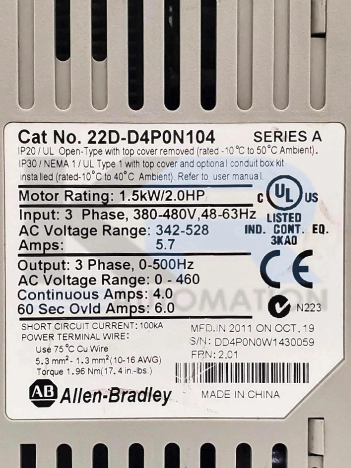 Allen Bradley 22D-D4P0N104 Bulletin 22D PowerFlex 40P 480V 3PH 4A 2HP 63Hz
