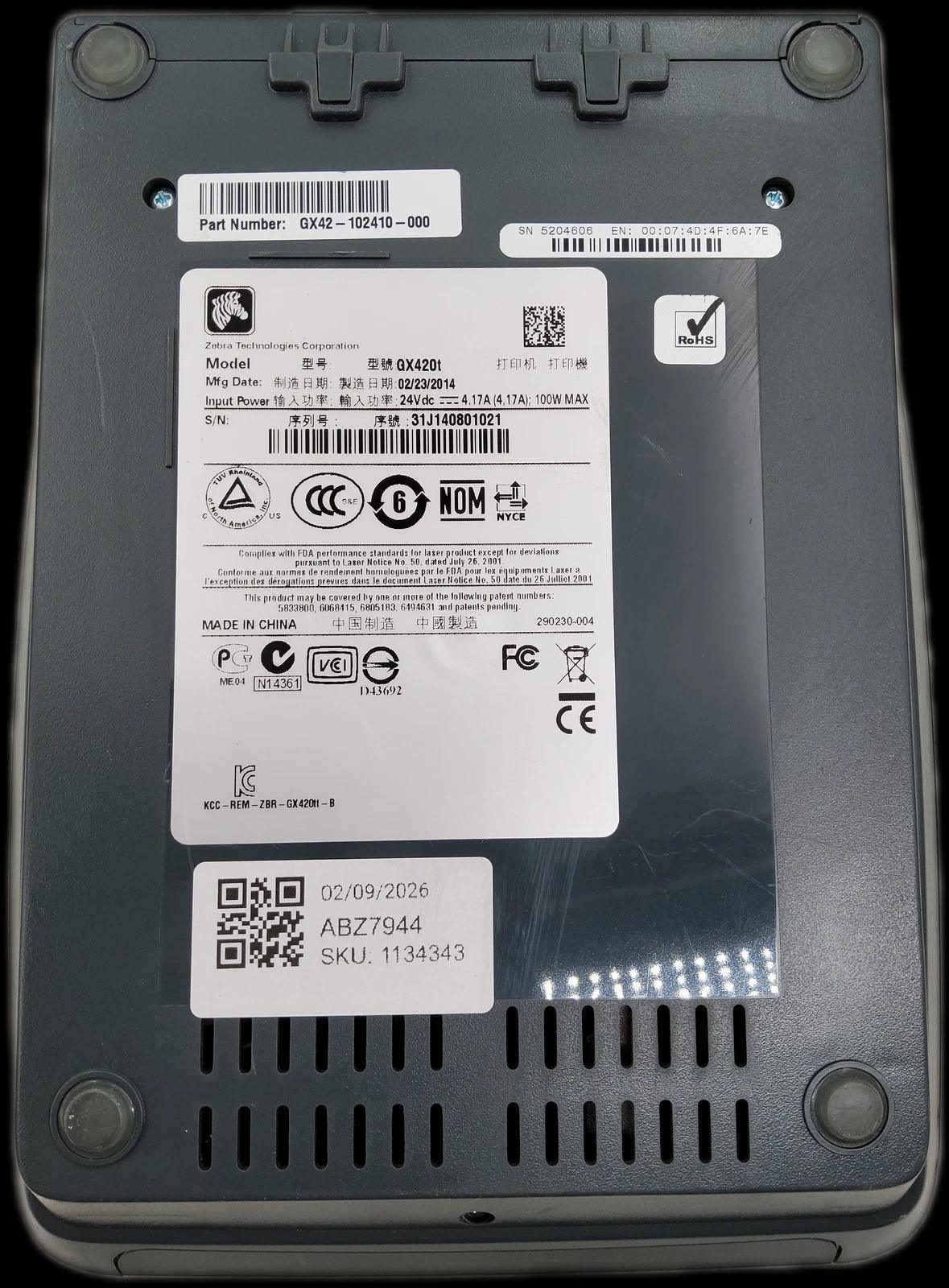 Zebra GX420T 4″ Thermal Transfer Label Printer w/ Power Supply