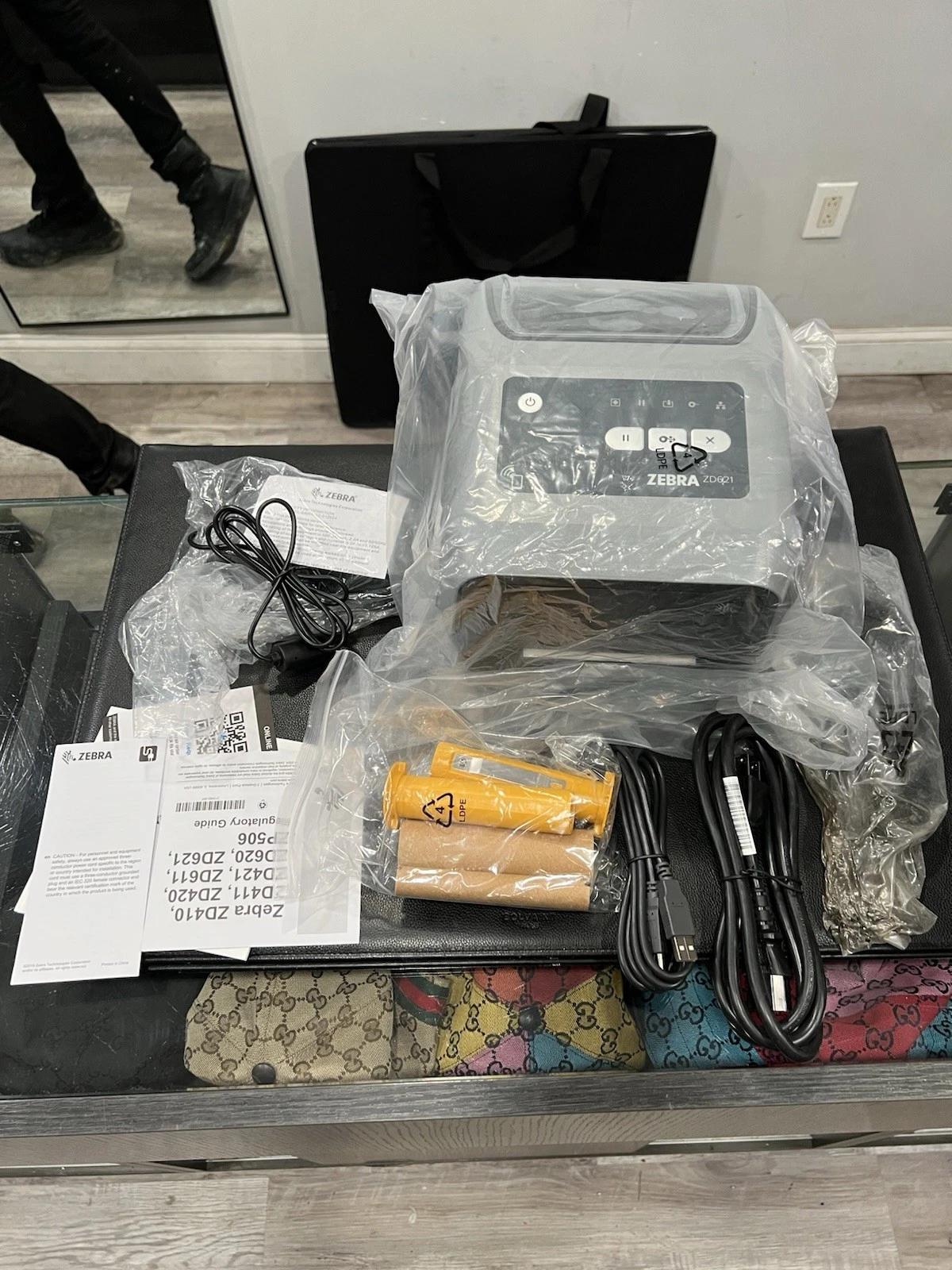 Zebra Thermal Printer Model ZD621t With Cables & Scanner NEW Open Box