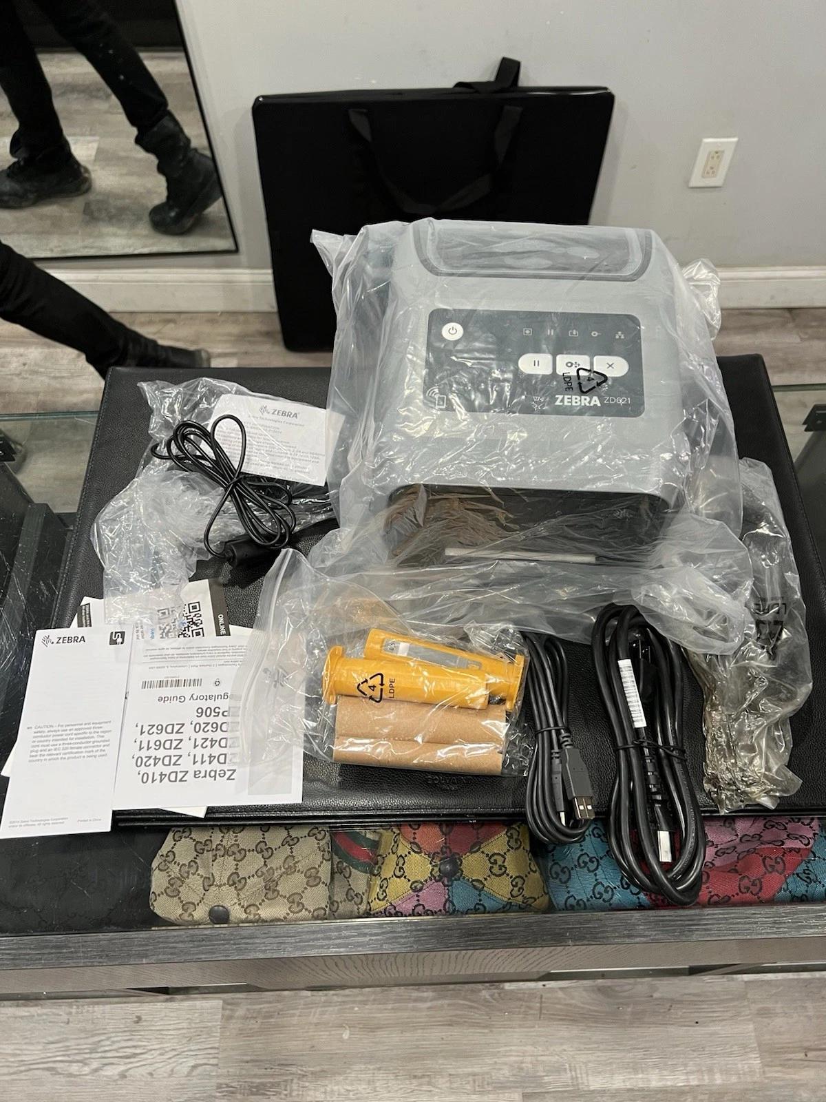 Zebra Thermal Printer Model ZD621t With Cables & Scanner NEW Open Box