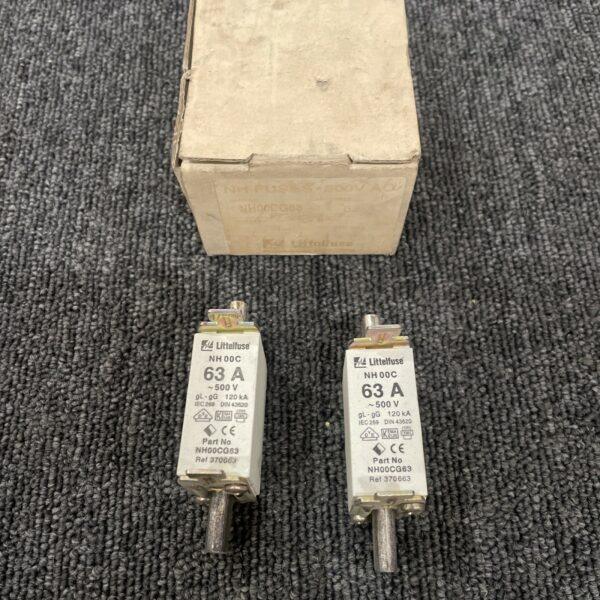 (2) LITTELFUSE NH00CG63, NH Fuse, 63 Amp, 500V AC