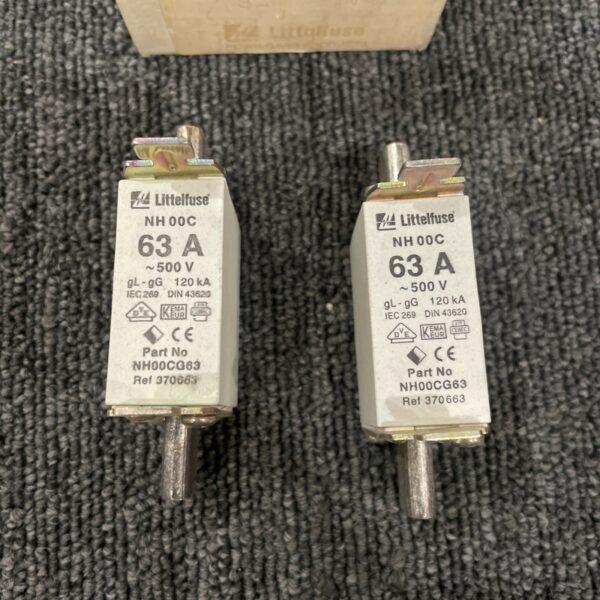 (2) LITTELFUSE NH00CG63, NH Fuse, 63 Amp, 500V AC