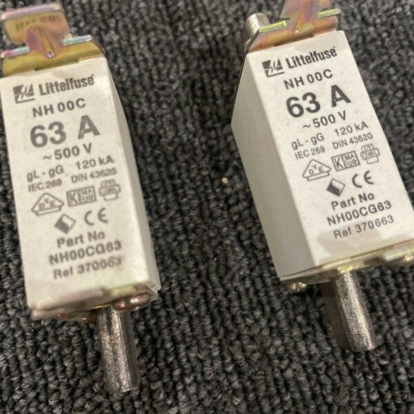 (2) LITTELFUSE NH00CG63, NH Fuse, 63 Amp, 500V AC